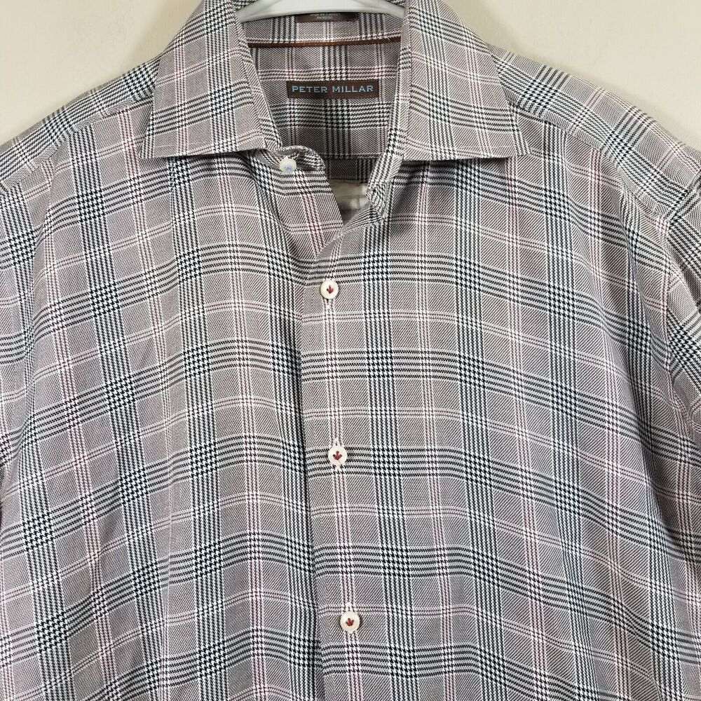 Peter Millar Shirt Men Medium Button Up Houndstooth Check Long Sleeve Cotton